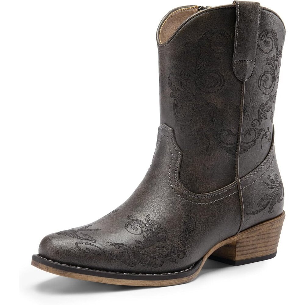 🆕Women Grey Faux Leather Cowboy Cowgirl Ankle Boots Low Chunky Heels Square Toe